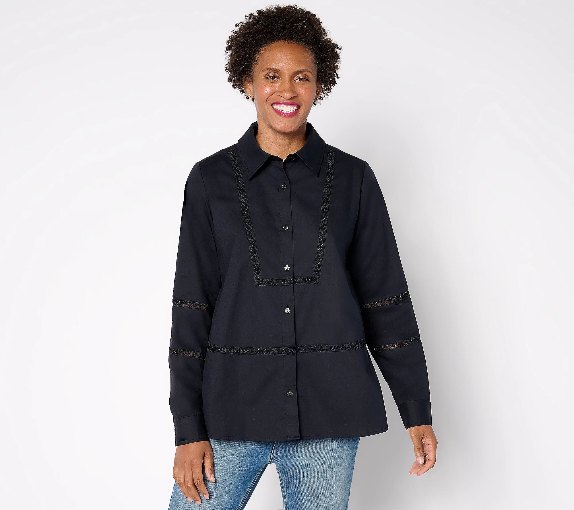 Attitudes by Renee Woven Button-Front Top with Lace Trim