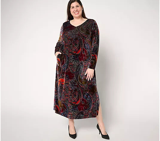 Attitudes by Renee Printed Knit Velvet V-Neck Dress – Renee Greenstein