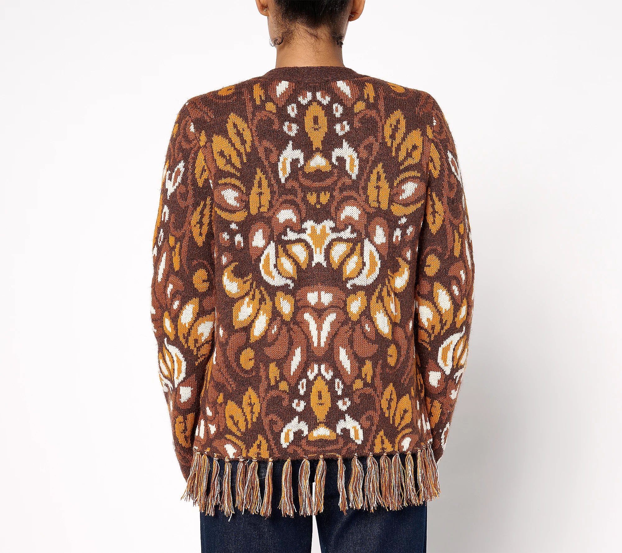 Attitudes by Renee Jacquard Cardigan w/ Fringe Hem