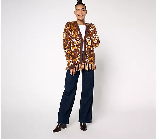 Attitudes by Renee Jacquard Cardigan w/ Fringe Hem