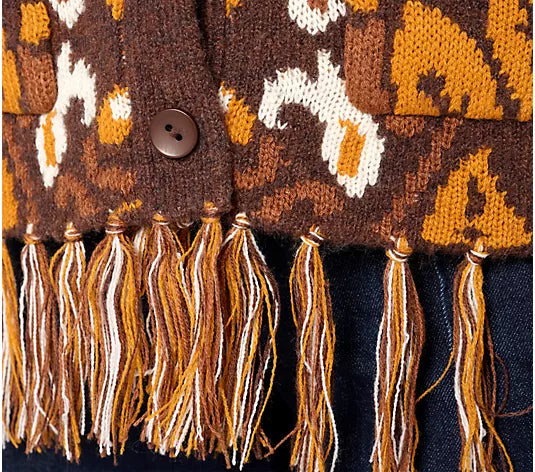 Attitudes by Renee Jacquard Cardigan w/ Fringe Hem