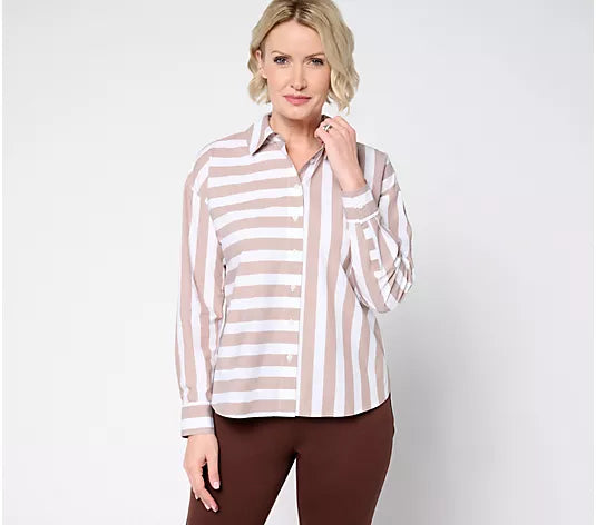 Attitudes by Renee Poplin Button Front Shirt with Mixed Stripe