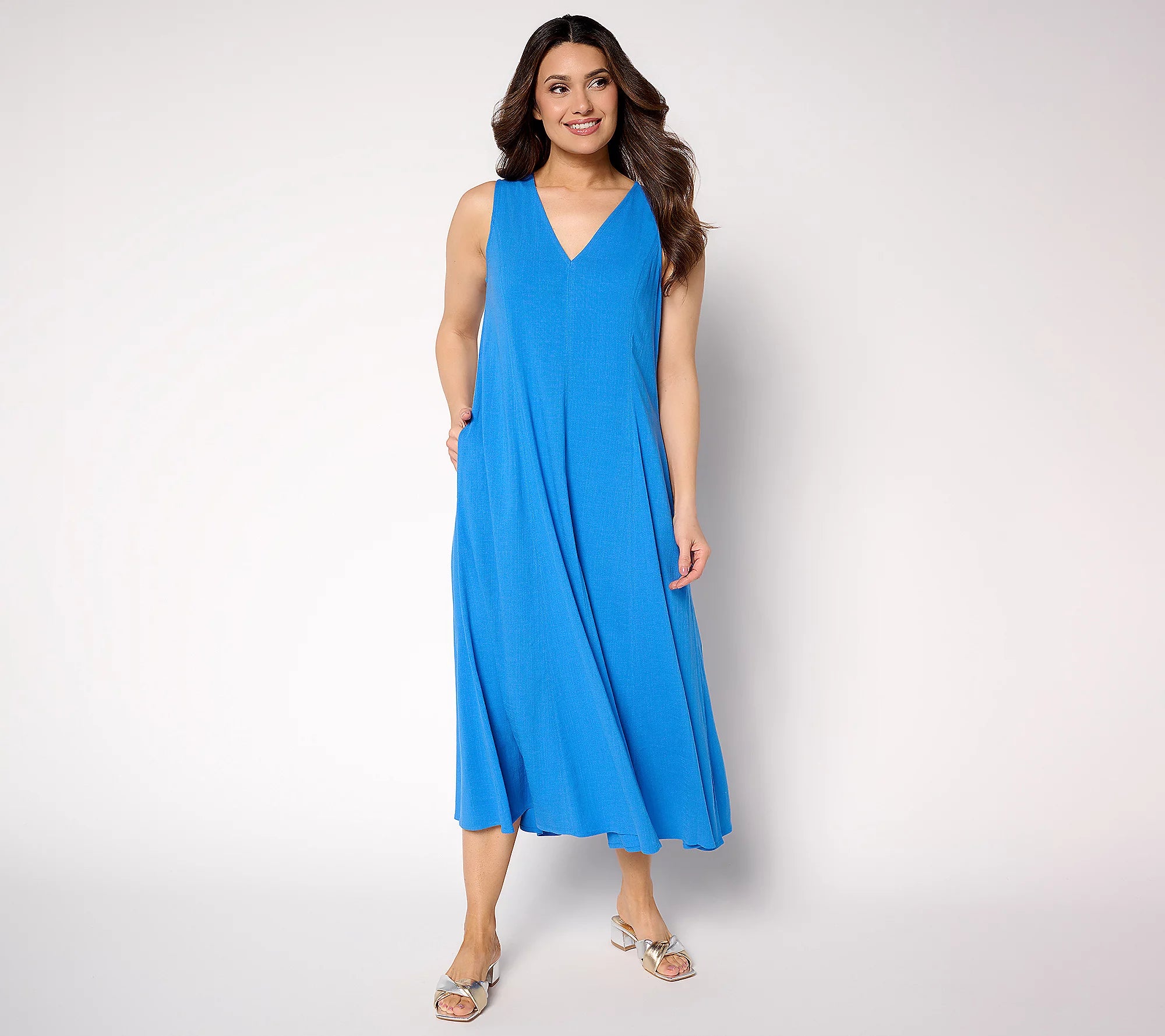 Attitudes by Renee Stretch Woven V-Neck Midi Dress – Renee Greenstein