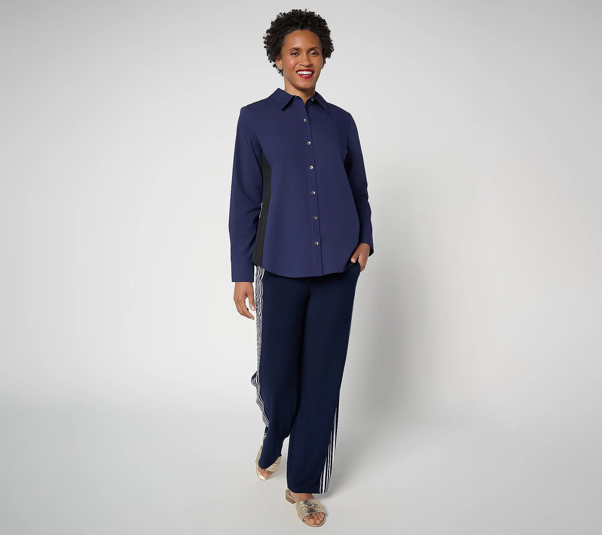 Attitudes by Renee Poplin Button Front Shirt with Color Blocking
