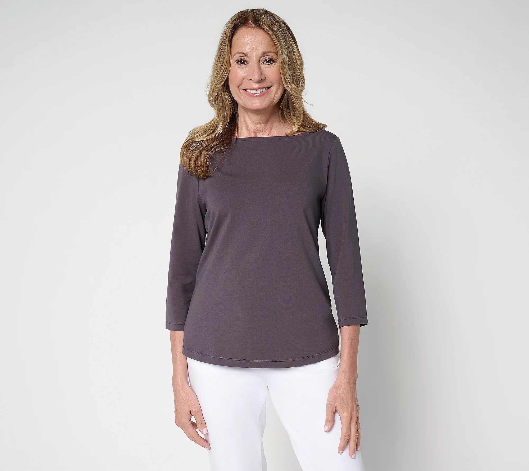 Attitudes by Renee Washed Cotton Boat Neck 3/4 Sleeve Top