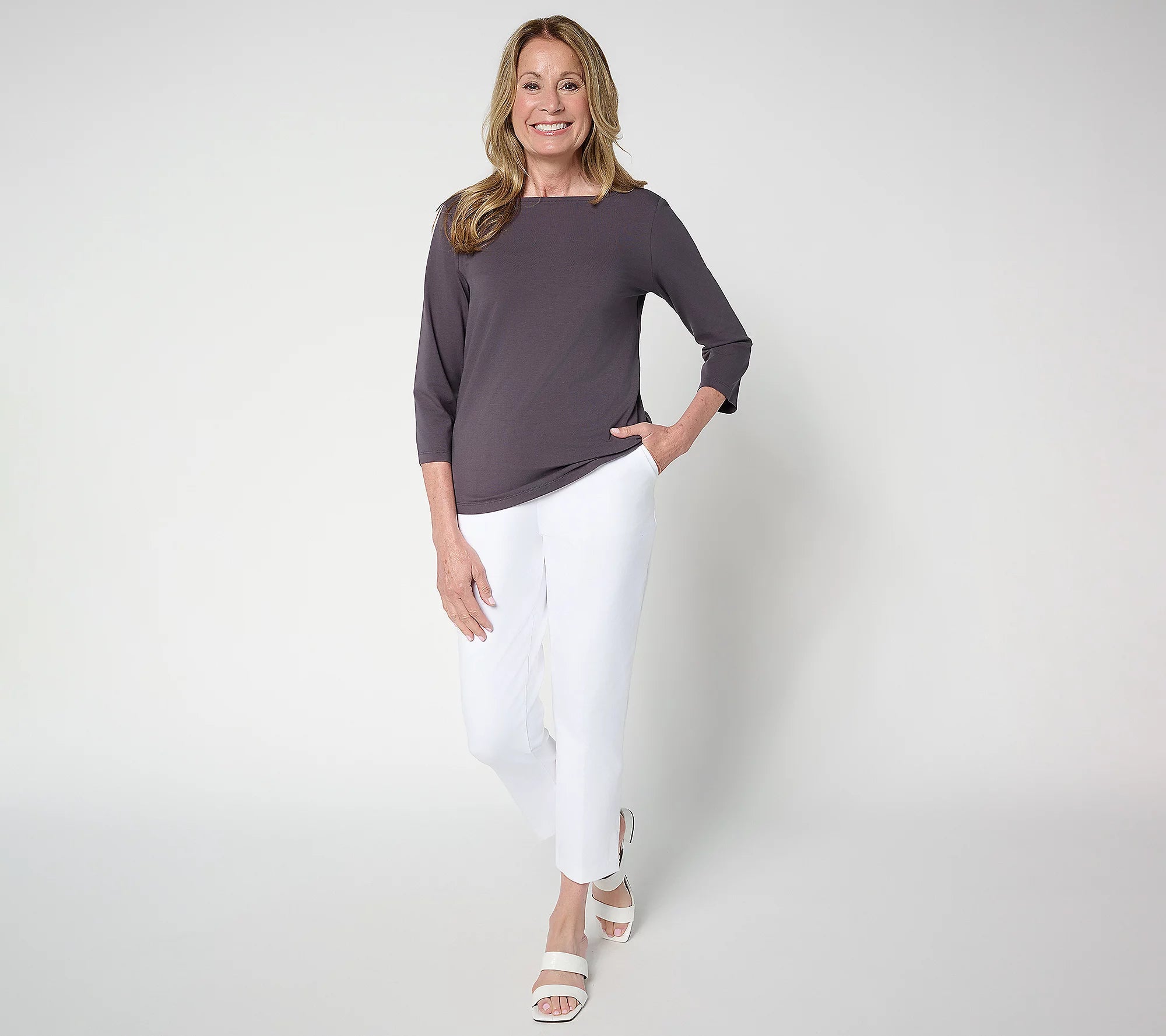 Attitudes by Renee Washed Cotton Boat Neck 3/4 Sleeve Top