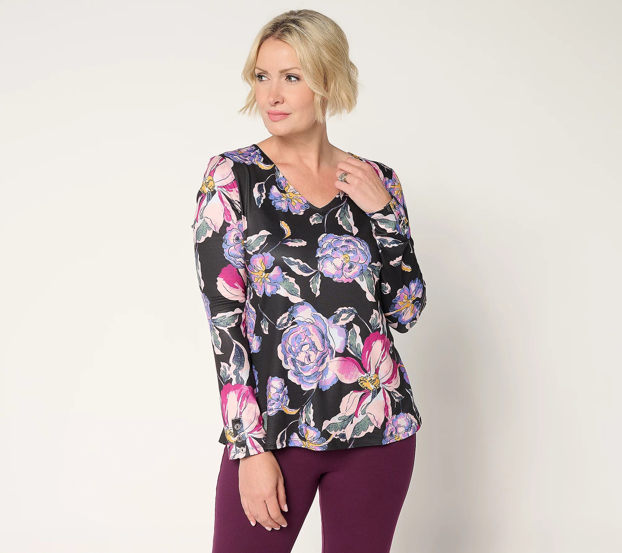 Attitudes by Renee Knit Print or Solid V-Neck Top