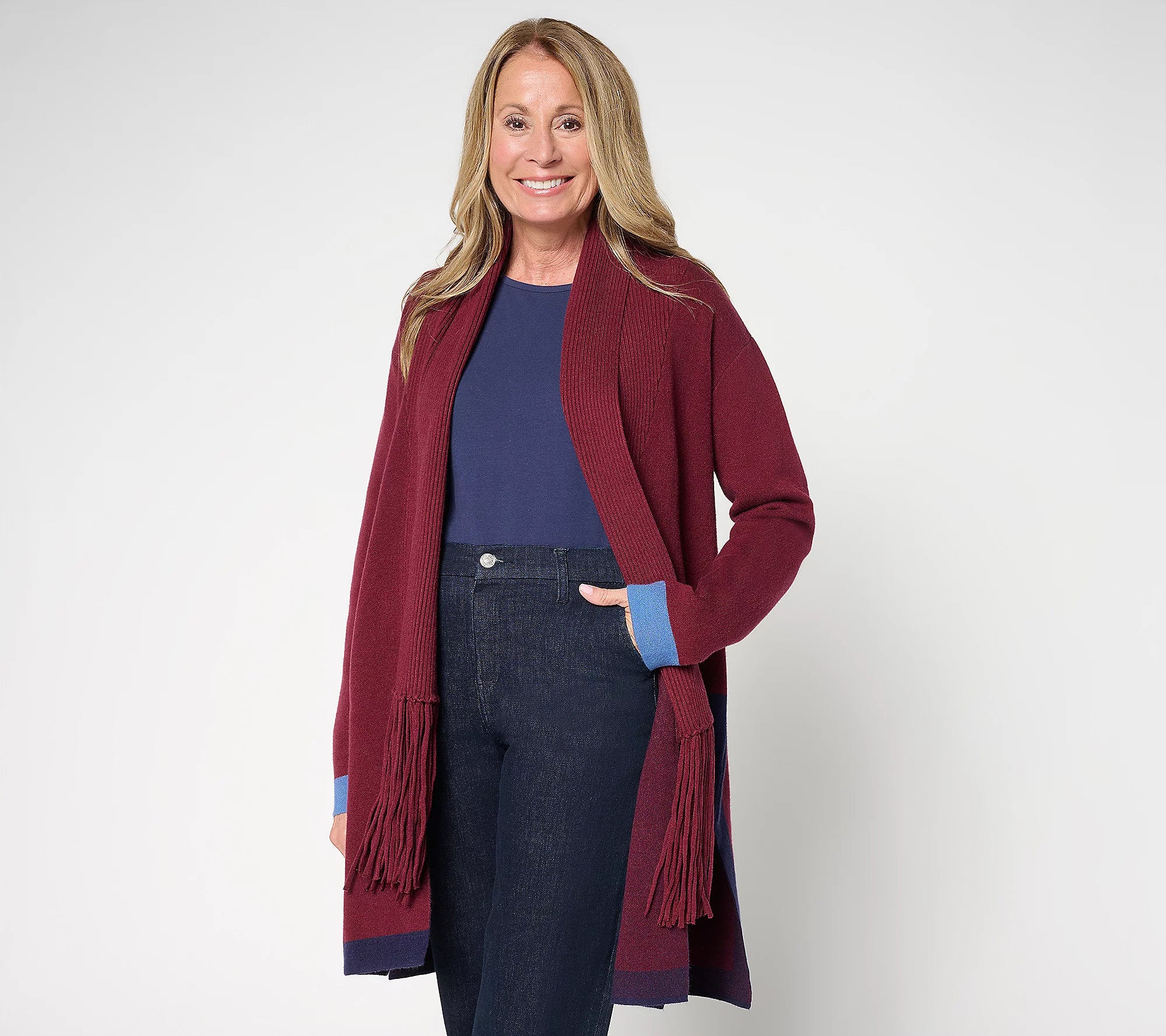 Attitudes by Renee Color Block Fringe Duster Cardigan