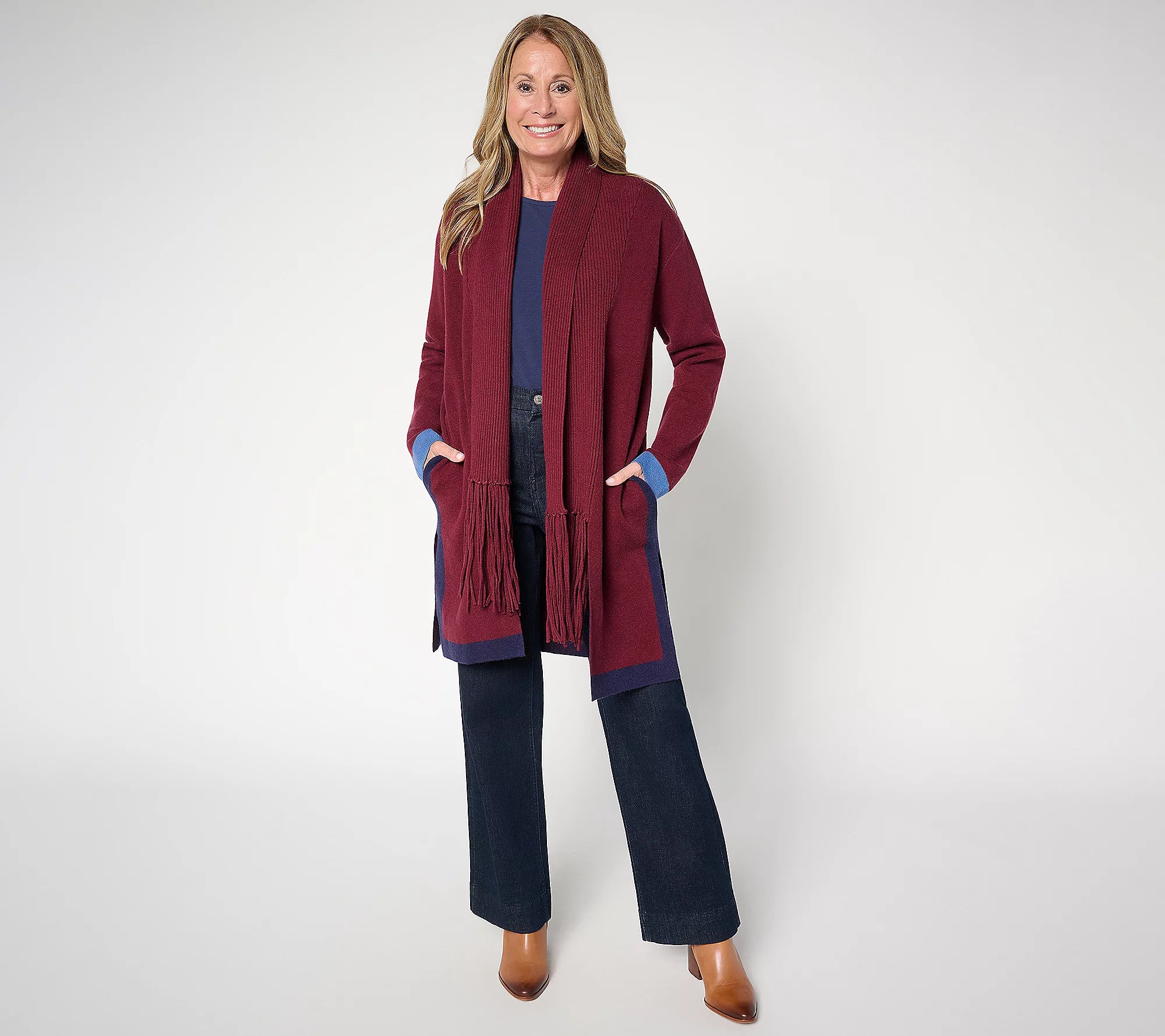 Attitudes by Renee Color Block Fringe Duster Cardigan