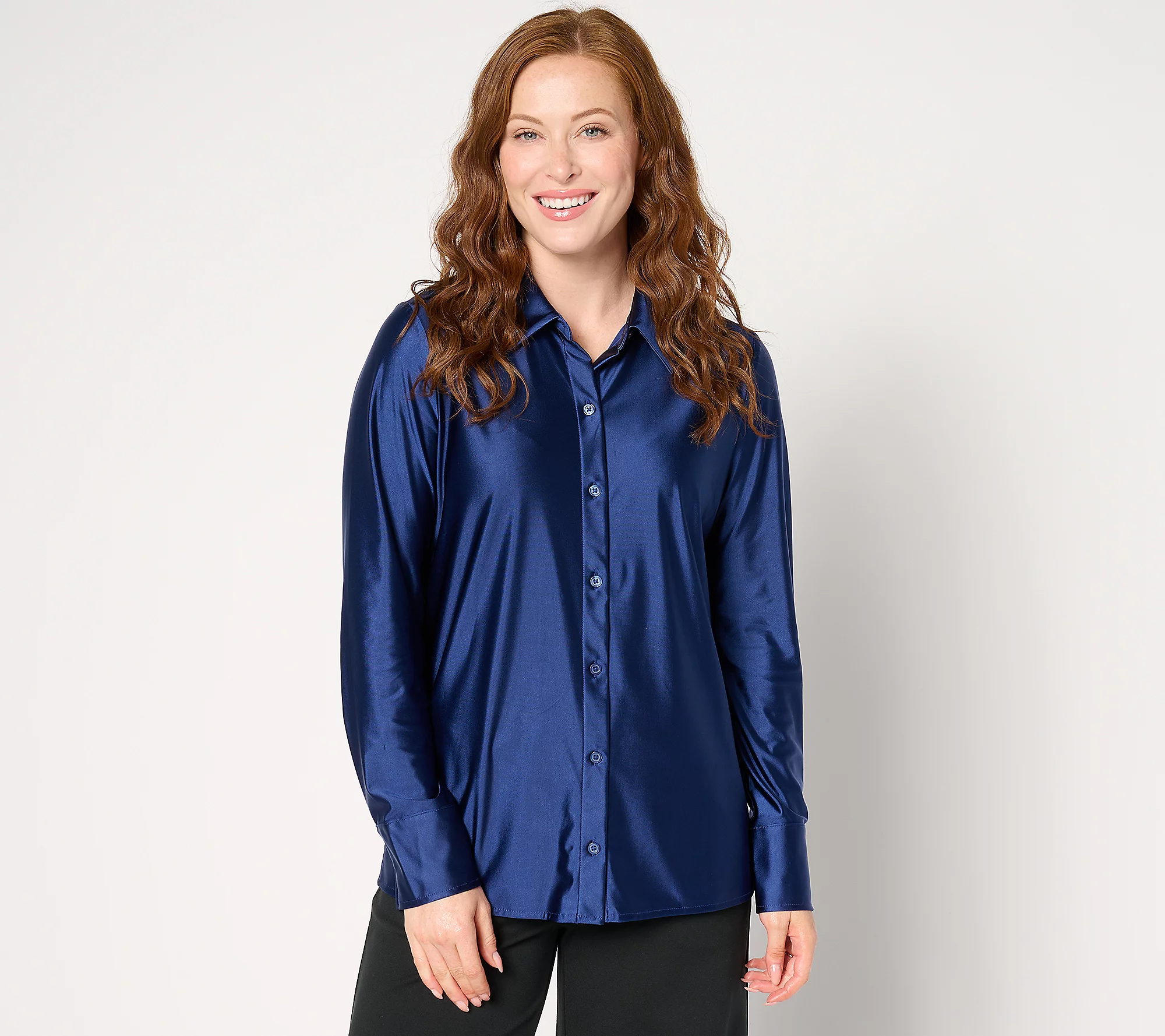 Attitudes by Renee Fluid Satin Button Front Top