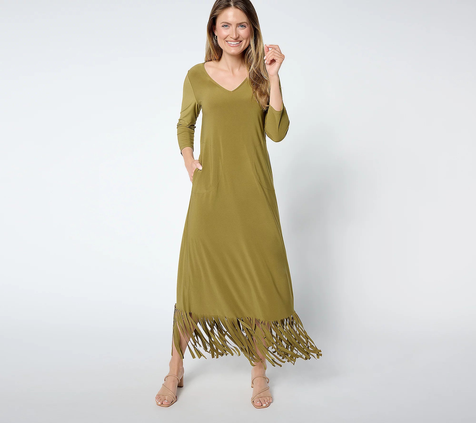 Attitudes by Renee Como Jersey Fringe Maxi Dress Golden Olive / 3XL