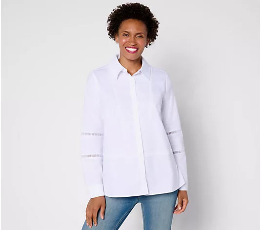 Attitudes by Renee Woven Button-Front Top with Lace Trim