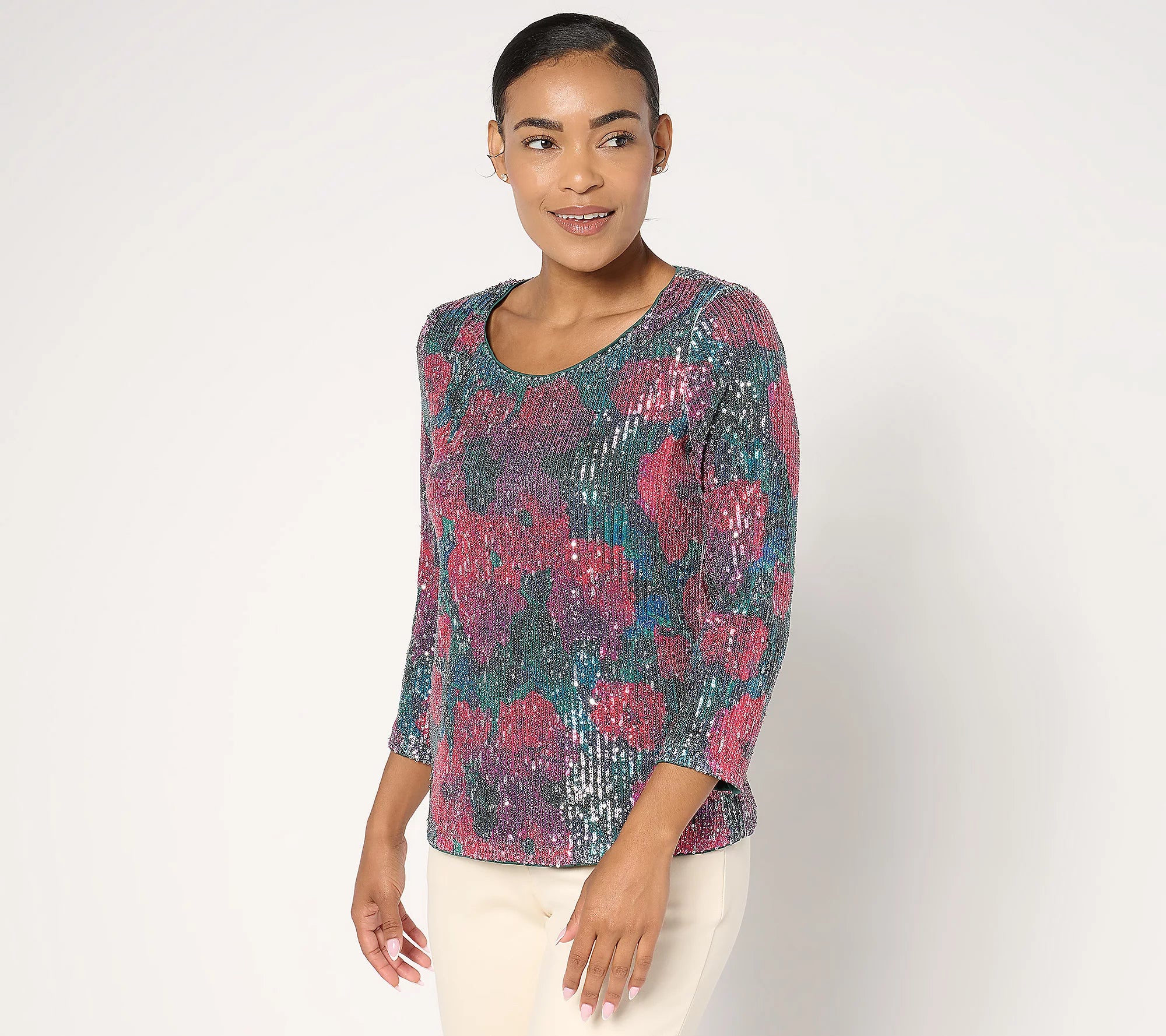 Attitudes by Renee Printed Sequin Top