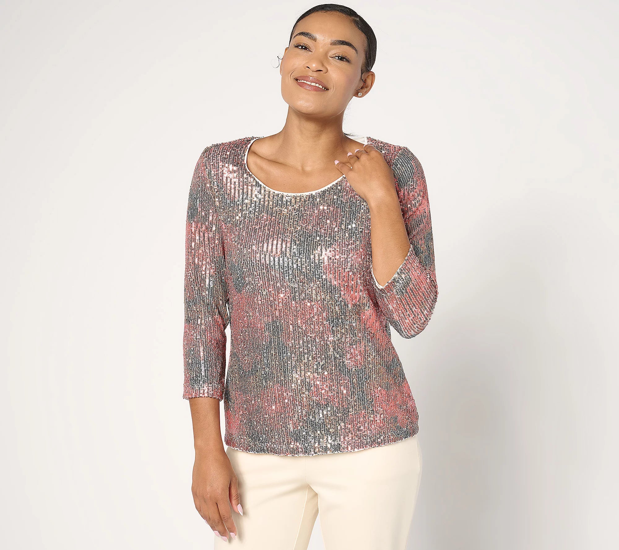 Attitudes by Renee Printed Sequin Top