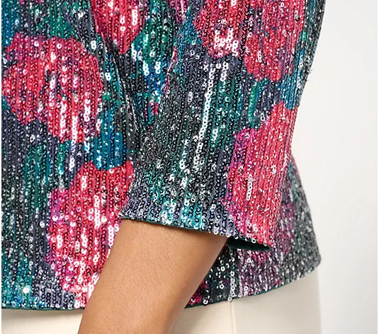 Attitudes by Renee Printed Sequin Top