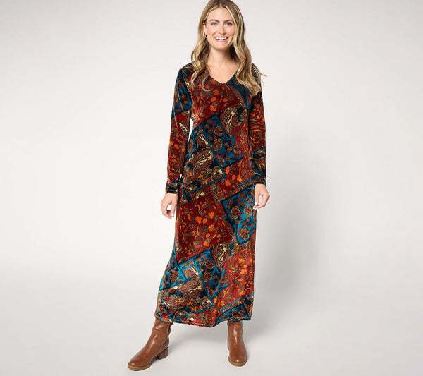 Attitudes by Renee Printed Knit Velvet V-Neck Dress – Renee Greenstein