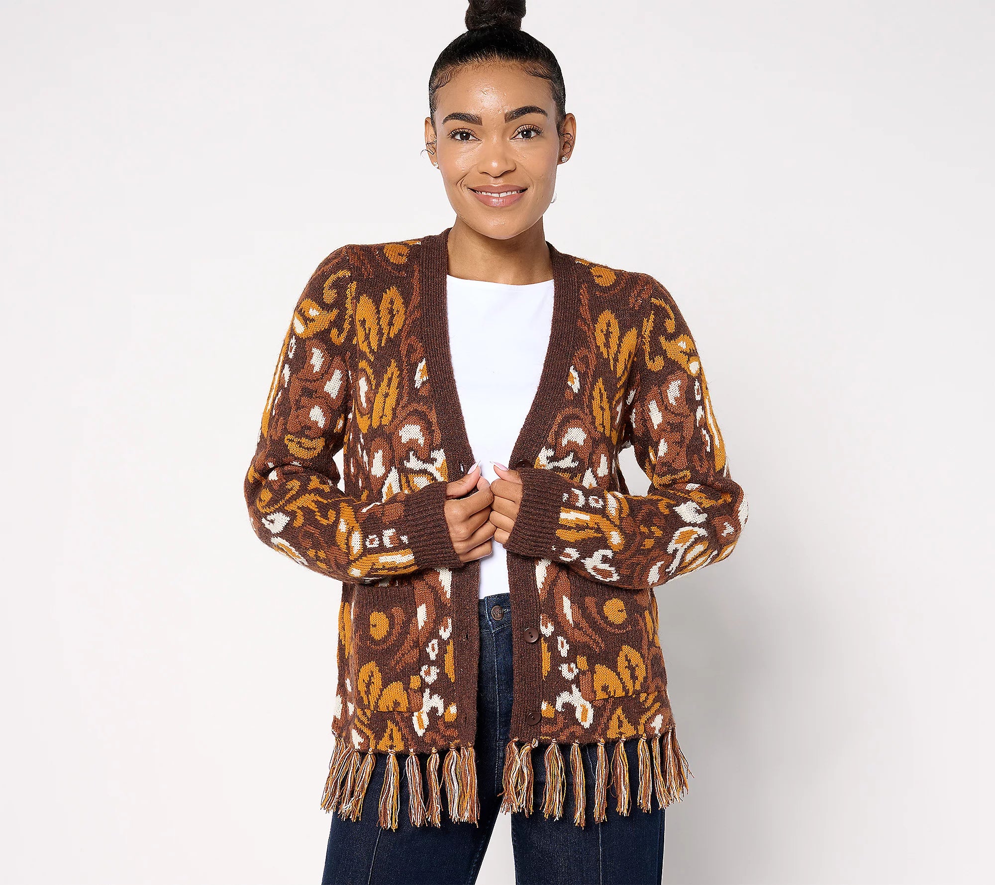 Attitudes by Renee Jacquard Cardigan w/ Fringe Hem