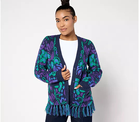 Attitudes by Renee Jacquard Cardigan w/ Fringe Hem