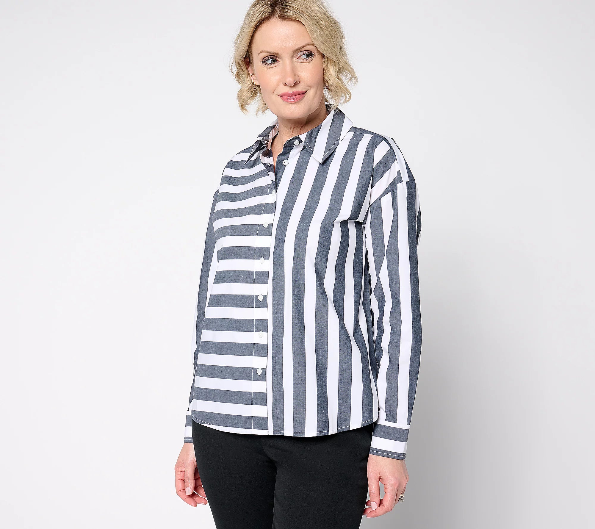 Attitudes by Renee Poplin Button Front Shirt with Mixed Stripe