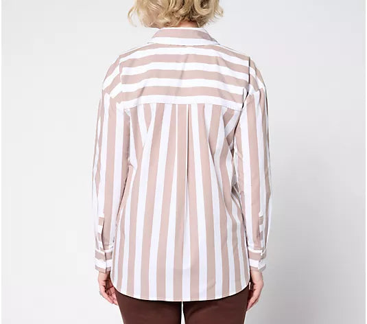 Attitudes by Renee Poplin Button Front Shirt with Mixed Stripe