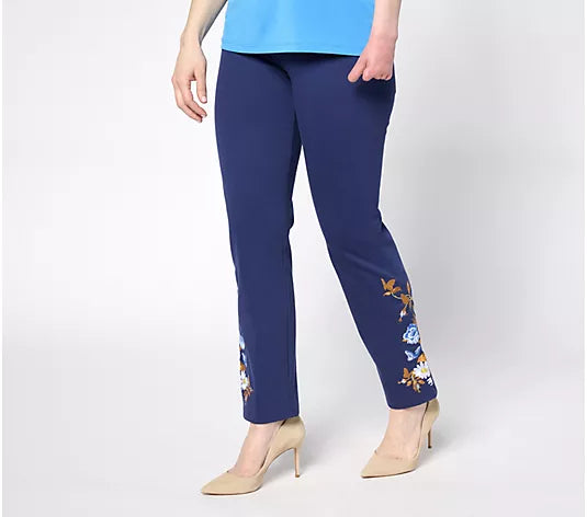 Women with Control Tummy Control Denim Pants with Embroidery