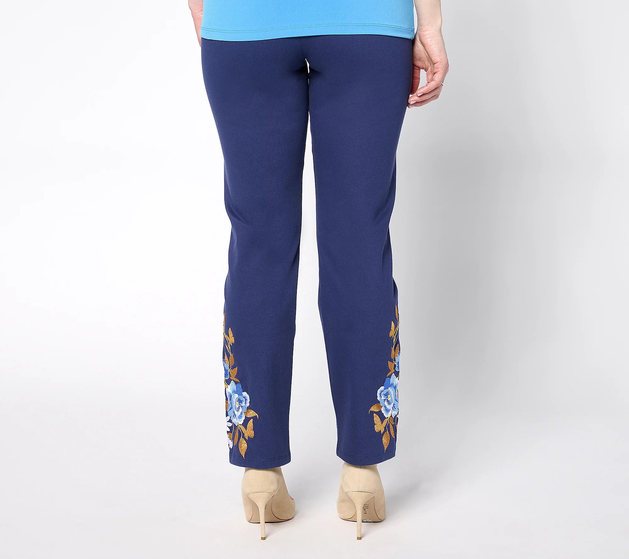 Women with Control Tummy Control Denim Pants with Embroidery