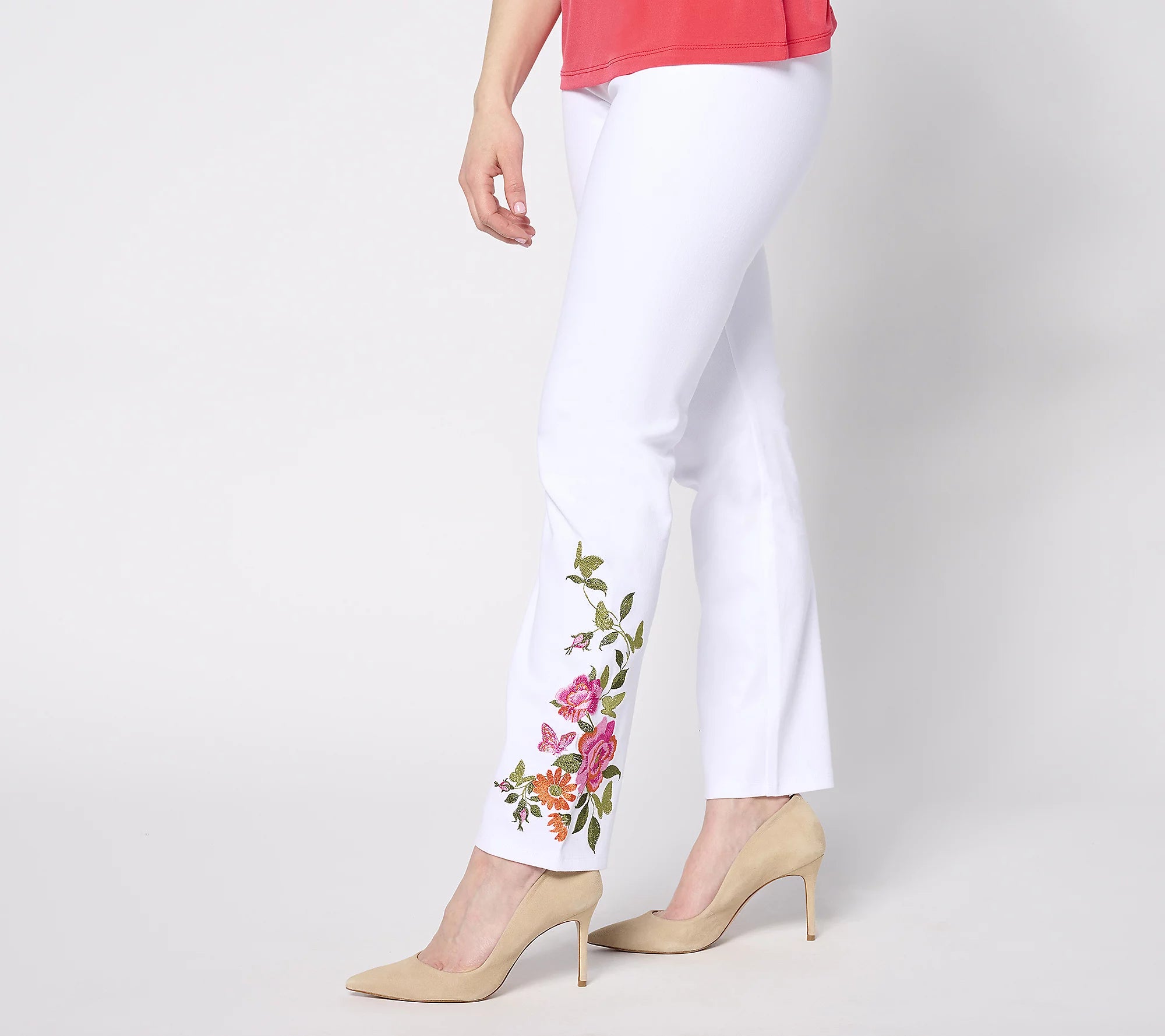 Women with Control Tummy Control Denim Pants with Embroidery