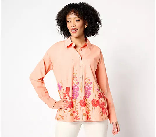 Attitudes by Renee Button Front Shirt with Border Print