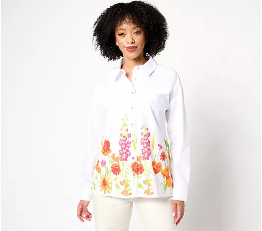 Attitudes by Renee Button Front Shirt with Border Print