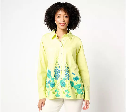 Attitudes by Renee Button Front Shirt with Border Print