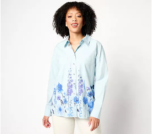 Attitudes by Renee Button Front Shirt with Border Print