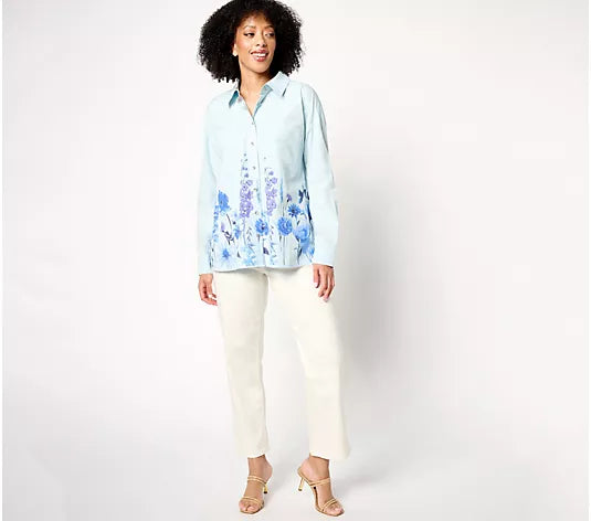 Attitudes by Renee Button Front Shirt with Border Print