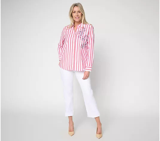 Attitudes by Renee Striped and Embroidered Top