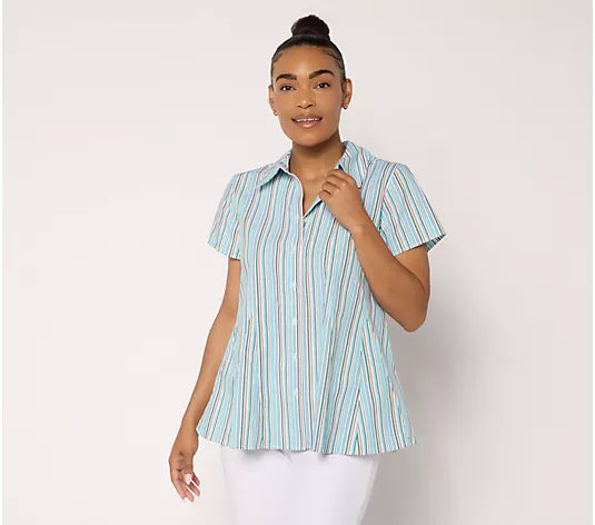 Attitudes by Renee Striped Godet Button Front Top