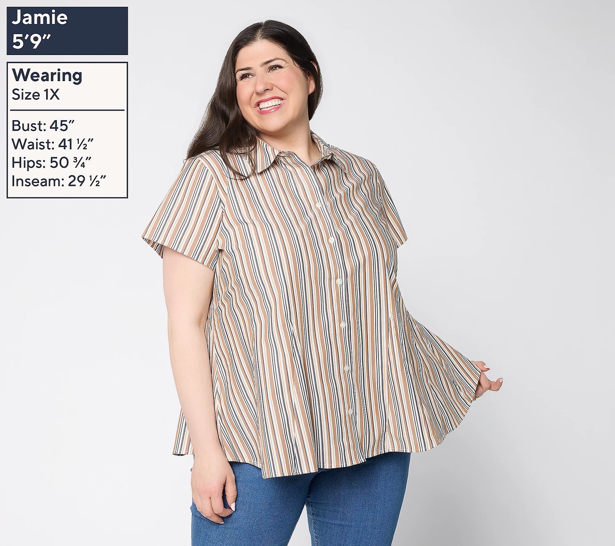 Attitudes by Renee Striped Godet Button Front Top