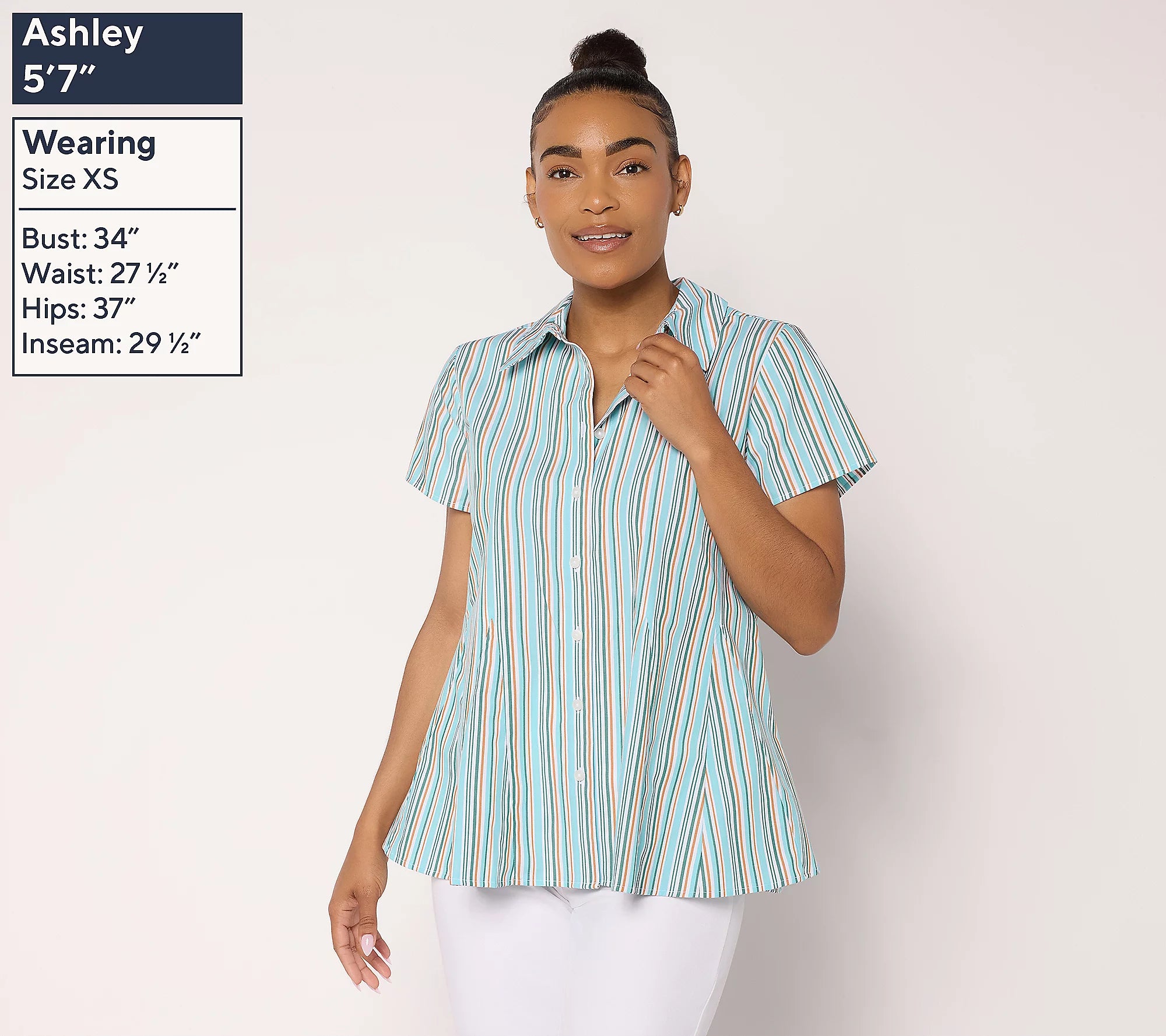 Attitudes by Renee Striped Godet Button Front Top
