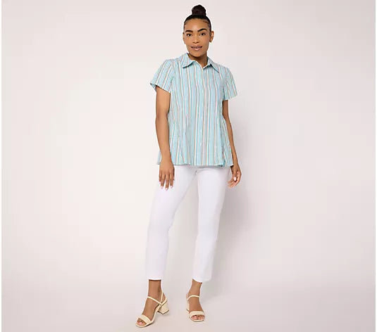 Attitudes by Renee Striped Godet Button Front Top