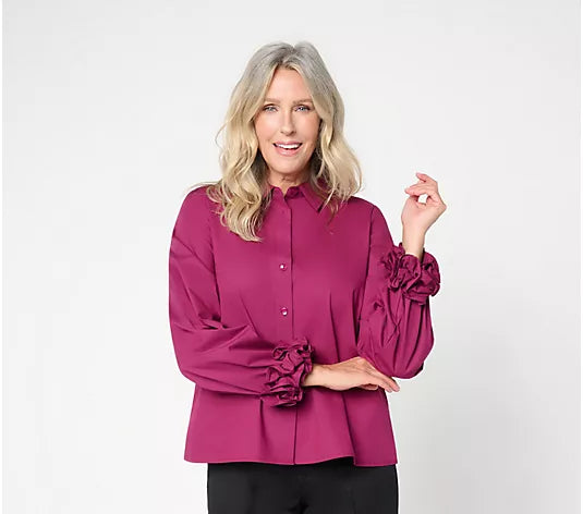 Women with Control Poplin Ruffle Cuff Button Front Shirt