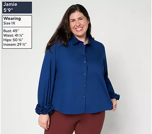 Women with Control Poplin Ruffle Cuff Button Front Shirt