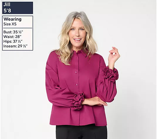 Women with Control Poplin Ruffle Cuff Button Front Shirt
