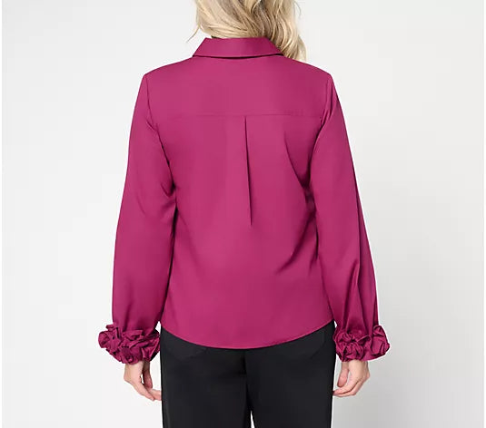 Women with Control Poplin Ruffle Cuff Button Front Shirt