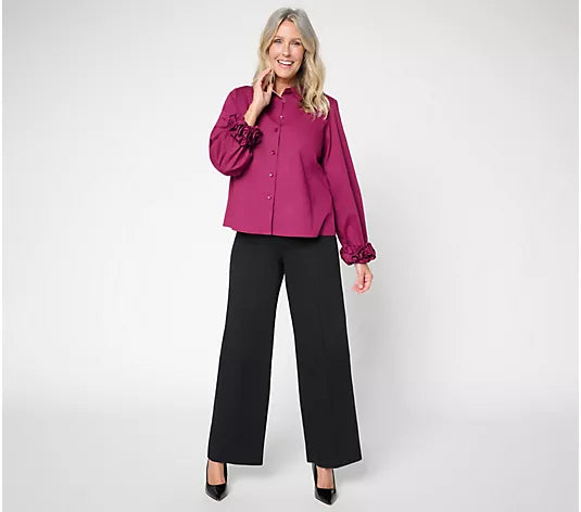 Women with Control Poplin Ruffle Cuff Button Front Shirt