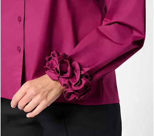 Women with Control Poplin Ruffle Cuff Button Front Shirt