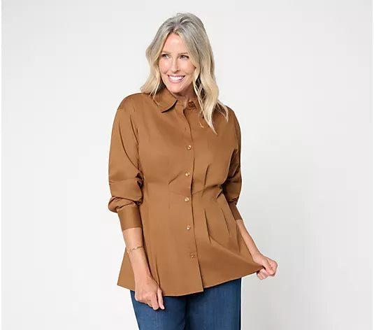 Women with Control Poplin Waist Defining Pleats Shirt