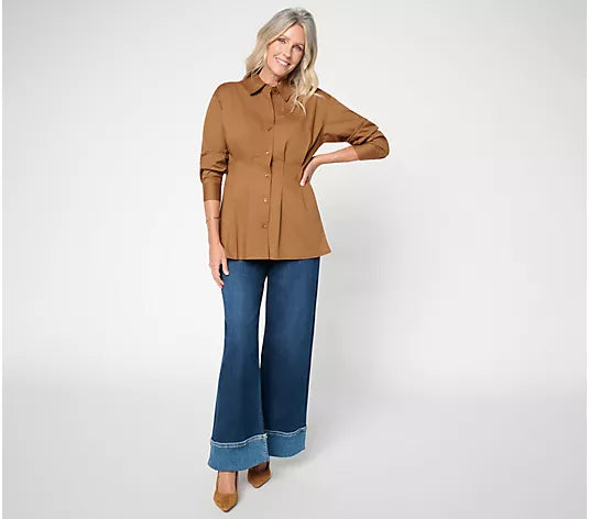 Women with Control Poplin Waist Defining Pleats Shirt