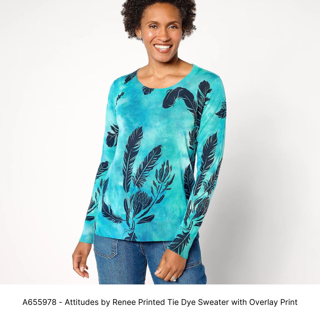 A655978 - Attitudes by Renee Printed Tie Dye Sweater with Overlay Print