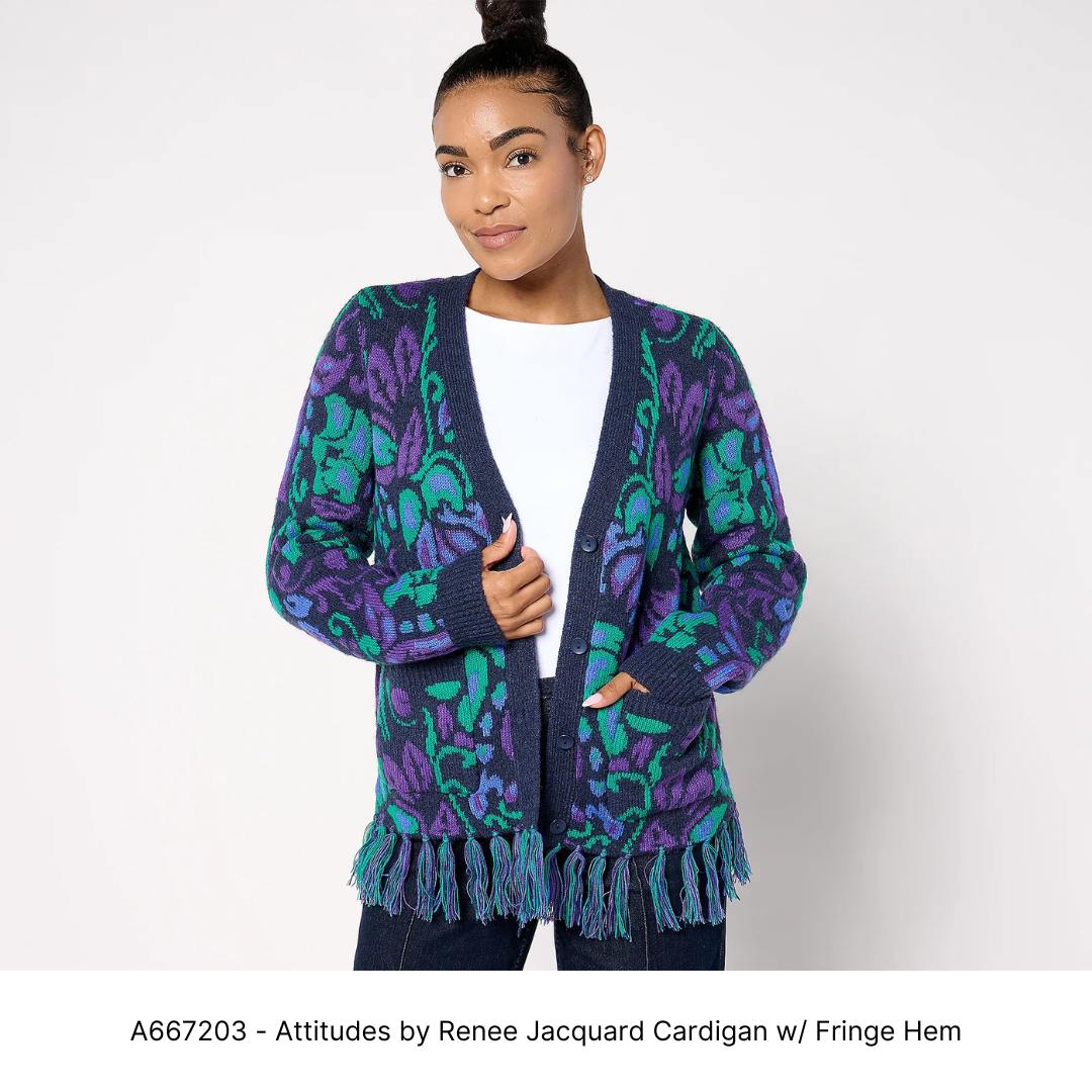 A667203 - Attitudes by Renee Jacquard Cardigan w_ Fringe Hem