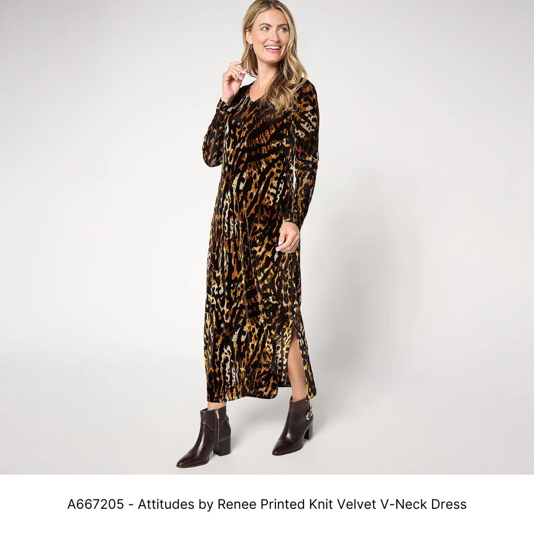 A667205 - Attitudes by Renee Printed Knit Velvet V-Neck Dress