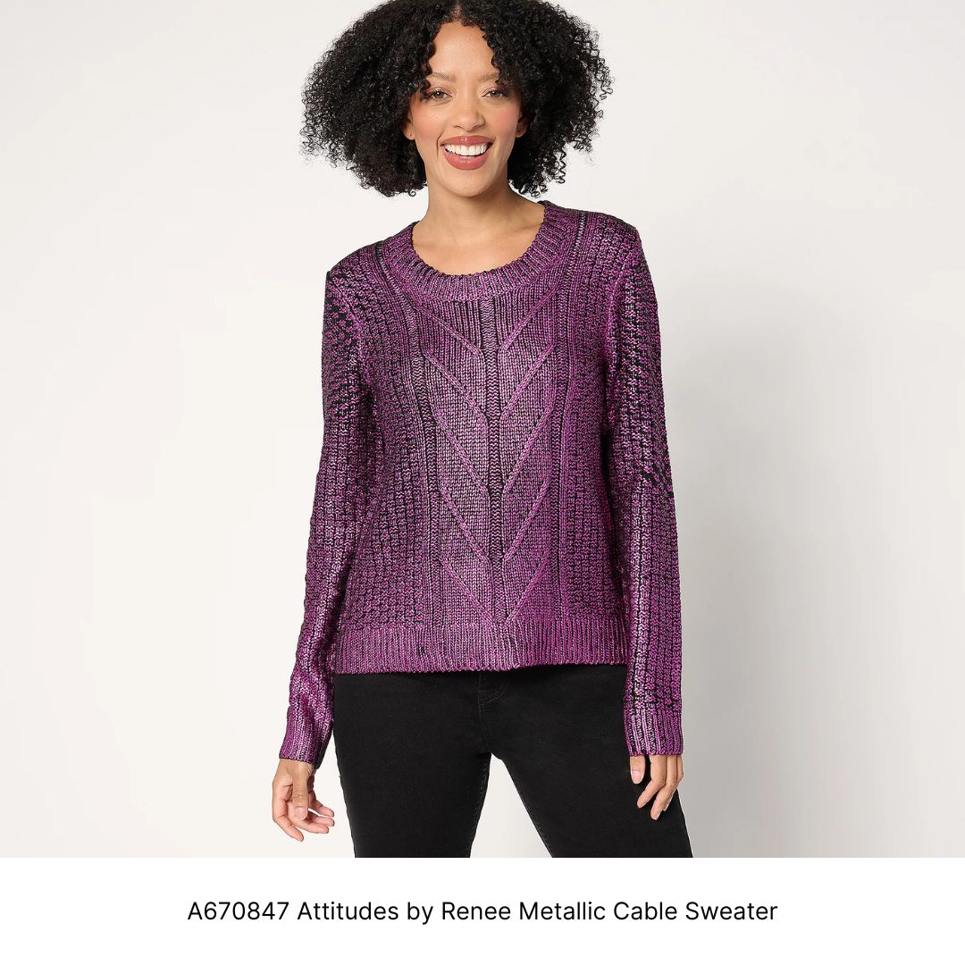 A670847 Attitudes by Renee Metallic Cable Sweater